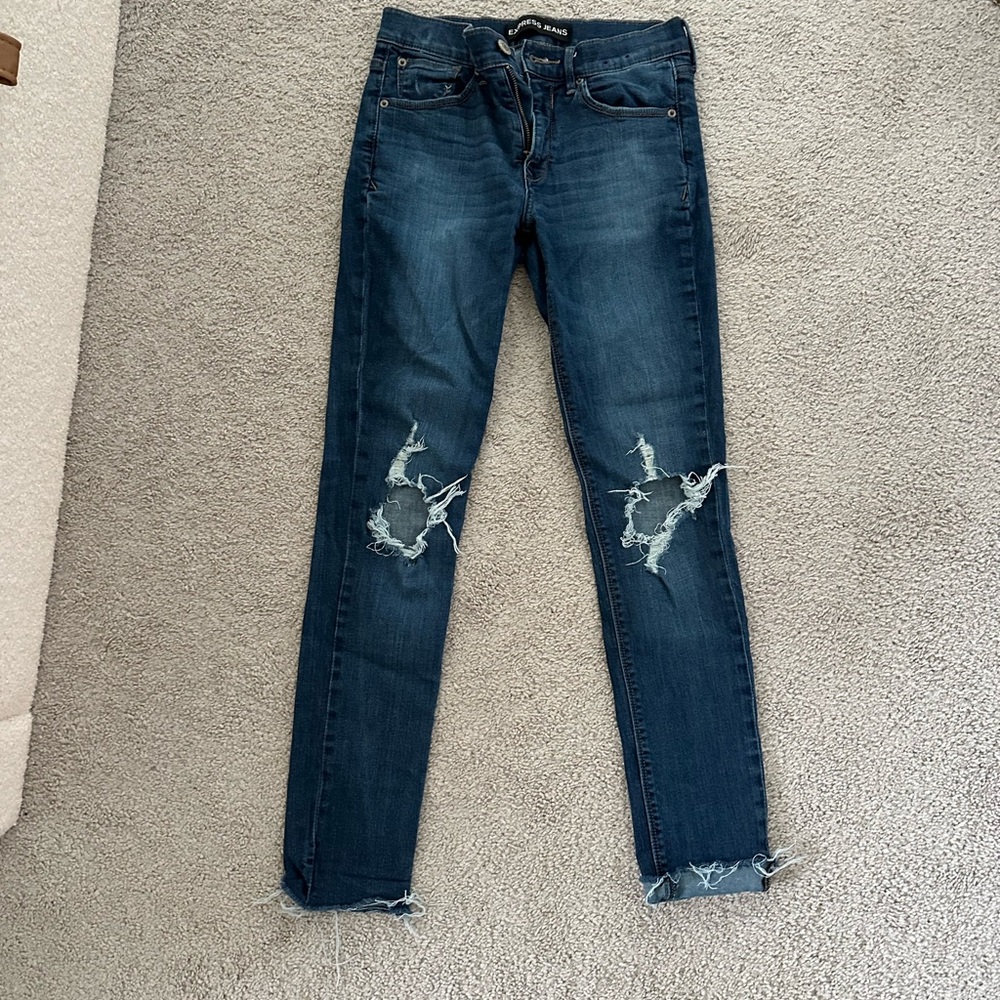Express Dark Blue Distressed Skinny Jeans